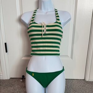 Ralph Lauren Green & Cream Striped Halter Swim Top with Green Bikini Bottom